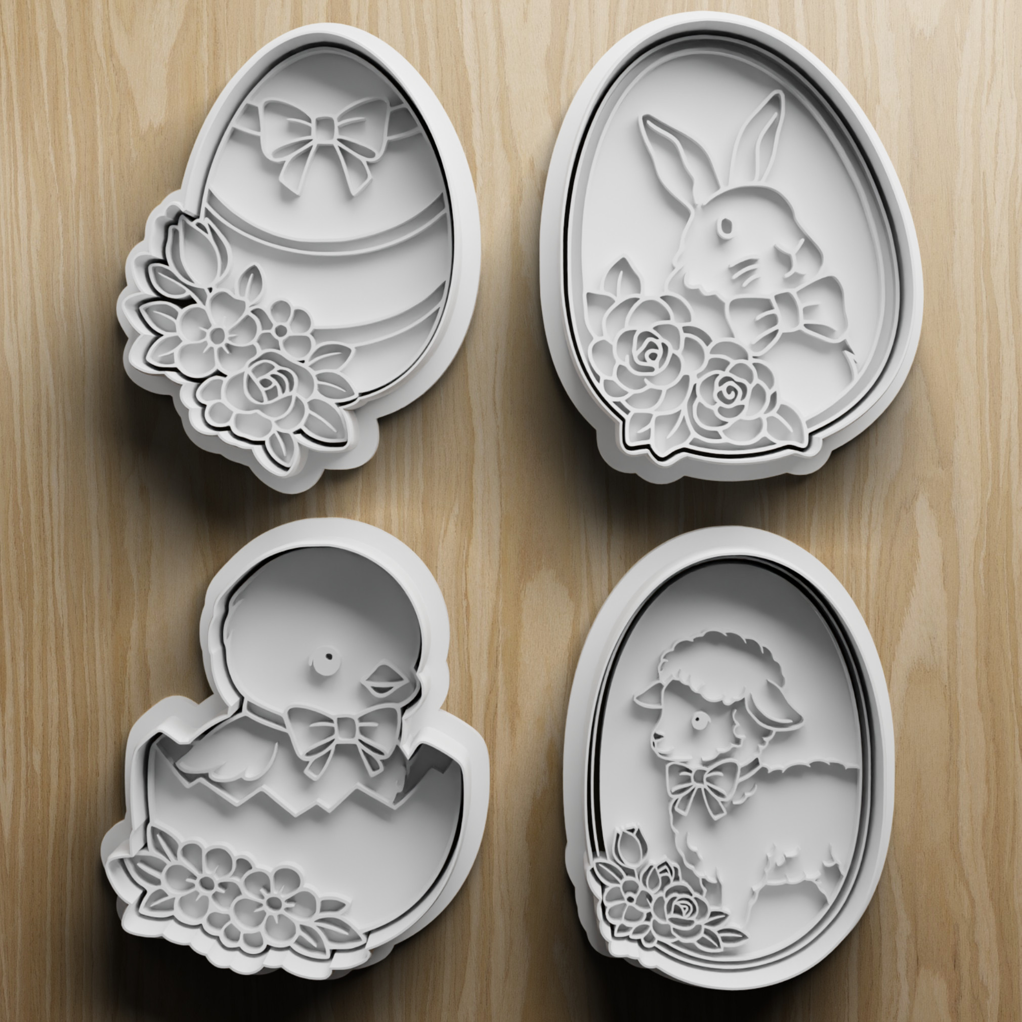 4 Easter Egg Cookie Cutter Set, STL Digital File, Bunny Chick Lamb Floral Designs для 3D принтера